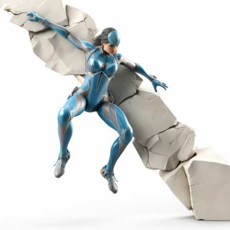 a woman leaps out of a cracked rock in a futuristic design, showcasing blue and beige tones. the image features hard surface modeling, lifelike avian illustrations, and metallic finishes, evoking a superhero-like atmosphere. ai generatedの素材