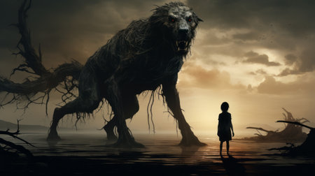 a photo featuring monster animal wallpapers with a dystopian landscape style, showcasing naturalistic light and shadow. the image is in 32k uhd resolution, with a dark gray color scheme. it includes both animals and people, incorporating elements of traditional oceanic art. the composition creates a dramatic atmospheric perspective. ai generatedの素材