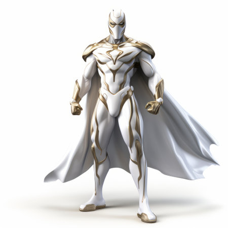 a man wearing a black, dark blue, and white costume with a white cape is depicted in this photo. the costume is designed in a style reminiscent of light gold and silver, showcasing precisionist elements. the character design emphasizes a biomorphic aesthetic, with a crisp and clean look achieved through the use of light gold and light bronze tones. ai generatedの素材
