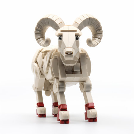 a large white sheep lego piece is showcased on a white background, capturing the essence of techno shamanism. this unique composition, inspired by perry rhodan, features a dark beige color palette and utilizes ray tracing techniques. the photo, taken with a nikon d750, beautifully depicts animals and pays homage to the artistic style of ramses younan. ai generatedの素材