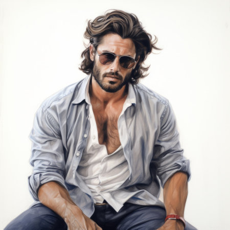 a painting titled "saif kabul tanhai" captured in january 2018 showcases a hyper-realistic portrait. this artwork embodies heroic masculinity and draws inspiration from fashion illustration, romantic figurative works, and celebrity portraits. the image features a manticore with wavy details, adding an intriguing element to the composition. ai generatedの素材
