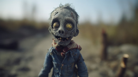 a close-up photo of a savage zombie monster in the style of canon ts-e 17mm f4l tilt-shift lens. this sketchfab image showcases nostalgic rural life depictions with plush doll art, captured using a petzval 85mm f22 lens. the 32k uhd resolution highlights the intricate details of the zombie's features. ai generatedの素材