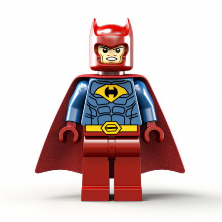 a lego batman figure in a red and yellow costume, digitally enhanced with a light indigo style. created by ferdinand knab, this figure showcases bold use of line and a glossy finish. with a heroic masculinity, the birds-eye-view perspective adds an exciting touch to this captivating photo. ai generatedの素材