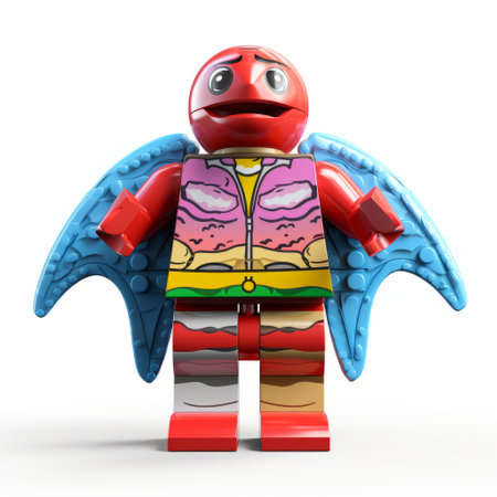 a lego batman figure in a vibrant, psychedelic surrealism-inspired costume stands out with its light red and light indigo colors. surrounding the figure are brightly colored birds, adding to the surreal atmosphere. the image showcases a polished metamorphosis, reminiscent of the artistic movement dau al set. created using maya, the figure is uniquely crafted, appearing to be made entirely of insects. ai generatedの素材