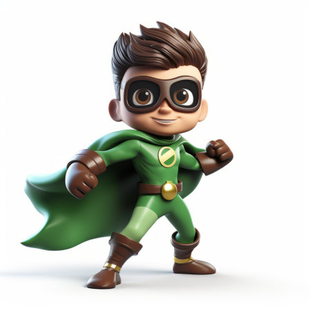 a cartoonish figure wearing a green suit and cape, with a flying propeller on their back. this action-packed character is reminiscent of classic cartoons, featuring shiny eyes and a cute design. the image showcases the use of ray tracing, with vibrant green colors and a lit kid in the background. the brown and mono-ha elements add depth to the overall composition. ai generatedの素材