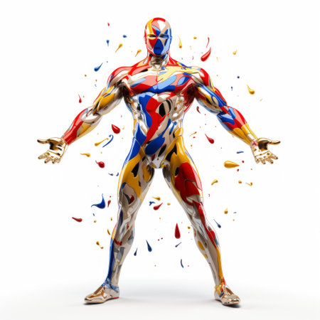 a photo showcasing red, blue, and silver color splats spraying in a fine attention to anatomy style. the image captures the essence of superheroes, with a touch of the golden ratio and intricate body-painting. the subject is a full body online sculpture, featuring a strong facial expression. ai generatedの素材