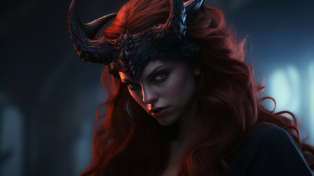 the troll princess wallpaper features a demon-horned character portrayed in a hyper-realistic style of vray tracing. this artwork, inspired by the works of magali villeneuve, scarlett hooft graafland, and mary jane ansell, showcases a close-up portrait with a strong contrast between light and dark. ai generatedの素材