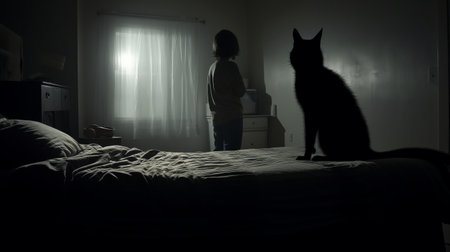 a group of girls and a cat are seen lying on the back of a bed, creating a shadowy stillness. the image captures the atmosphere of a security camera, with strong contrast between light and dark. the haunting houses in the background add to the gloomy and intense play of light and dark. the overall composition of the photo is uniformly staged, creating a captivatingの素材