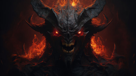 an evil demon is depicted in this illustration, set against a dark background. created in the style of unreal engine 5, the demon appears burned and charred, with xbox 360 graphics adding a touch of realism. the hyper-detailed and textured illustrations showcase a solarizing master technique, predominantly featuring dark gray and red tones. ai generatedの素材