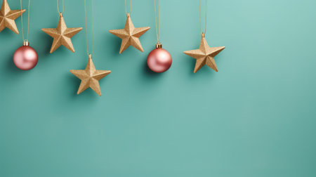 five star-shaped christmas ornaments hang from a string on a turquoise background. the ornaments are in the style of metallic rotation, creating a visually tactile surface. the composition is muted and minimalist, with a combination of light crimson and gold colors. this wallpaper showcases sharp attention to detail, making it a stunning addition to any holiday decor. iso 200. ai generatedの素材
