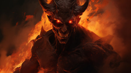 an illustration of a demon with horns in the sky, featuring a close-up intensity. this hyper-detailed and realistic rendering, created in the style of cryengine, showcases bold character designs. the dark bronze and red color scheme adds to the intense atmosphere. captured with the zeiss batis 18mm f/2.8 lens, this image captures the burned and charred essence of the demon. ai generatedの素材