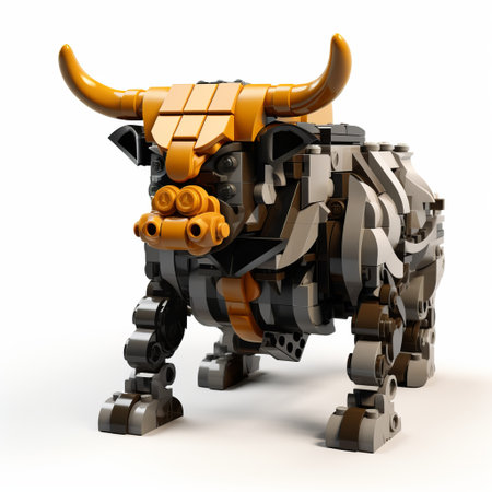 a yellow lego bull, inspired by ancient chinese art, is showcased on a white background. the bull is intricately designed with a realistic hyper-detailed rendering, featuring a combination of dark gray and bronze colors. the artistic influence is evident in the character's light orange and dark black accents. this technological design exudes a sense of high speed sync. ai generatedの素材