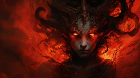 this art wallpaper features a close-up intensity of a demon from the dynasty, digitally enhanced in the style of magali villeneuve. the burned and charred details add a dark orange hue to the oil portraitures, creating a queencore aesthetic. this hd wallpaper, with a resolution of 1680x1050, captures the intense and captivating essence of demons. ai generatedの素材