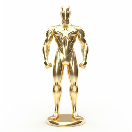 a gold man statue stands prominently on a white background, showcasing an award-winning style reminiscent of superheroes. the image is rendered with the vibrant and high-octane quality of octane render, while also capturing the vintage charm of orthochromatic film. the aesthetics of the farm security administration and associated press photos are evident, creating a unique blend of historical and futuristic elements, reminiscent of the starpunkの素材