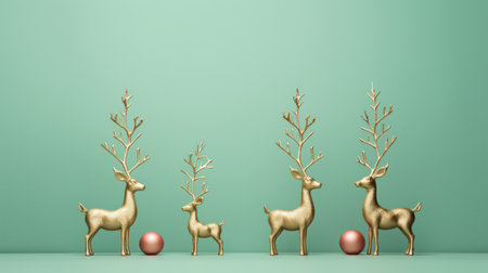 three gold deer stand gracefully in front of a vibrant green background. this 3d rendering captures the essence of xmaspunk style with its muted, minimalist compositions. the light pink and cyan hues add a touch of whimsy, while the metallic surfaces and ornamental structures create a festive atmosphere. the minimalist sets enhance the overall aesthetic of the image. ai generatedの素材