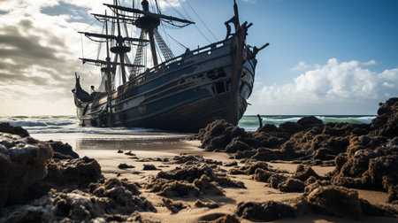 a pirate ship, reminiscent of historical documentation, rests on the sandy beach, surrounded by rocks and sand. captured through the lens of the zeiss batis 18mm f2.8, this candid shot showcases the decayed beauty of the ship. the golden light adds a touch of warmth to the australian landscape, while the scene evokes historical references and intrigue. ai generatedの素材