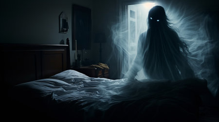 a haunting image captured in a dark room, showcasing a ghostly figure lurking in the mist. this national geographic-style photo depicts swirling vortexes and a mesmerizing display of natural phenomena. with its eerie atmosphere and hints of sleepycore, this image is perfect for halloween enthusiasts. the dominant colors of light cyan and white add to the ethereal ambiance. ai generatedの素材