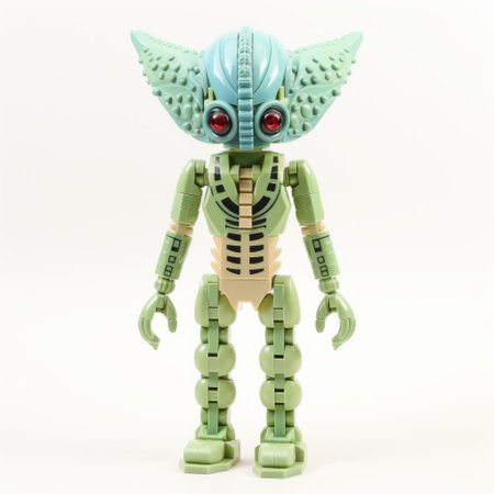 a green lego robot with a pink head, inspired by unique yokai illustrations, showcases a dark beige and aquamarine color scheme. its skeletal structure and streamlined design give it a futuristic appearance. captured using a wollensak 127mm f47 ektar lens, this cosmic horror-themed creation is truly one-of-a-kind. ai generatedの素材