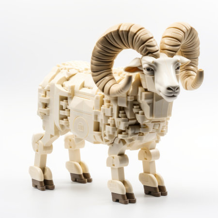 a digital photo showcasing a white lego sheep created by maverick mokus co. this unique piece, inspired by the style of ayami kojima, features bold structural designs and intricate engraving. with a beige color palette, it captures the essence of the kushan empire and showcases fantastical machines. shot at iso 200, this photo beautifully captures the intricate details of this lego creation. ai generatedの素材