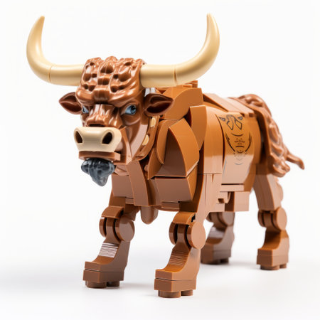 a brown lego bull with horns stands prominently against a clean white background. captured in the style of fujifilm natura 1600, this eye-catching image showcases intricate details and artifacts of online culture. with a precisionist style and a high-definition resolution, this photograph merges mythological influences with modern technology, creating a visually stunning representation. ai generatedの素材
