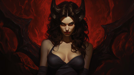 female devil with elongated head stands in front of a burning dark scene. this realistic hyper-detailed portrait showcases goosepunk aesthetics, richly detailed genre paintings, and charming character illustrations. the dark brown and black tones add depth to this captivating comic art. rtx on for an enhanced visual experience. ai generatedの素材