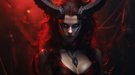 a stunning female model wearing horns is captured in a tabletop photograph. the image showcases photorealistic renderings with a dark red and black color scheme, creating an intense and vivid atmosphere. the devilcore style, combined with the use of rtx technology, adds a unique touch to this halloween-themed photo. ai generatedの素材