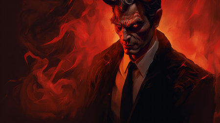 a demon with horns engulfed in flames, portrayed in a celebrity portrait style, combining elements of comiccore, realistic hyper-detail, and victorian-inspired illustrations. this unique artwork draws inspiration from marvel comics, featuring a dark navy and red color scheme. the demon's character is depicted through exaggerated caricature techniques. ai generatedの素材