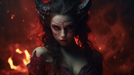 a powerful and emotive portrait captured in the style of rebeca saray, this hd wallpaper features a demon with a light crimson and dark brown color palette. shot on 70mm and rendered using unreal engine 5, this artwork by aries moross showcases stunning details and evokes a sense of intensity and intrigue. ai generatedの素材