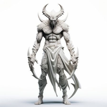 a 3d image of a demon model, featuring monochromatic white figures. this hyper-detailed and realistic rendering showcases a meticulously designed character with dragoncore elements. the contoured shading, intense lighting, and shadow add depth and intensity to the image. this 32k uhd artwork is a stunning example of intricate digital art. ai generatedの素材