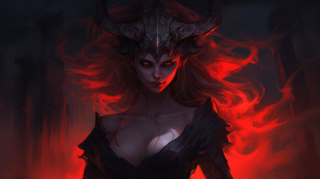 a devilish character with a queencore aesthetic is depicted in this captivating photo. set against a vibrant red background, the image showcases the artist's skillful use of realistic brushwork. the dark gray and light bronze tones add depth and intensity to the composition, while elements of dansaekhwa art style are evident. this contest-winning piece features a striking combination of dark white and purple hues, resultingの素材