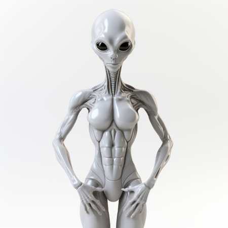 a 3d scan of an alien model showcasing a feminine body and adorned with technological marvels. the white background enhances the dark white and light gray color scheme, highlighting the streamlined design. this lowbrow creation is a precise and lifelike representation, capturing the intricate details of the alien's features. ai generatedの素材