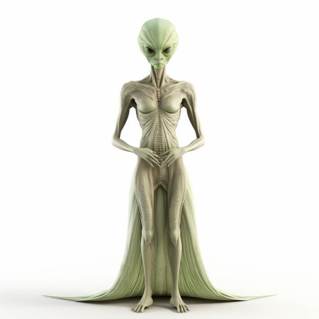 an alien woman is depicted in this illustration, created by david nordahl. the lifelike figure showcases a realistic style, with a combination of light beige and green tones. nordahl's highly detailed illustrations are known for their haunting figuratism and the sparse use of color. this particular artwork explores detailed scientific subjects related to extraterrestrial beings. ai generatedの素材