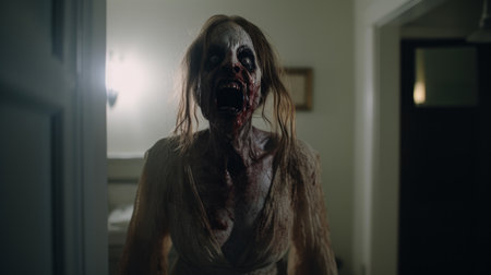 a photo of a zombie kung fu action film scene, inspired by the artistic style of meryl mcmaster. the image features haunting houses with a combination of dark white and light brown tones. the low depth of field adds a sense of depth and focus. the scene is darkly comedic, capturing the essence of the film. shot with a tokina at-x 11-16mm f/2.8 pro dxの素材