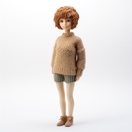 a figure wearing a knit sweater and green shorts is depicted in this shin hanga-style photograph. the light brown tones and hyper-realistic pop aesthetic create a captivating visual. shot with a mamiya 7 ii camera, the image beautifully presents the human form in a genderless manner, set against a cartoon-like mise-en-scene. ai generatedの素材
