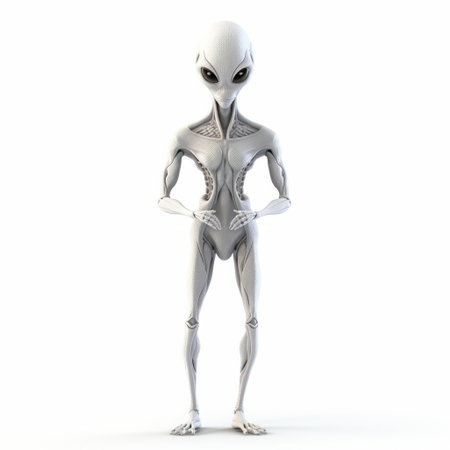 a 3d cartoon creature from space, resembling slender monochromatic white figures in the style of alan lee. the creature's emotive body language and intricate tattoo add to its otherworldly charm. set against a backdrop of alien worlds, the focus is on the creature's joints and connections, showcasing its unique design. ai generatedの素材