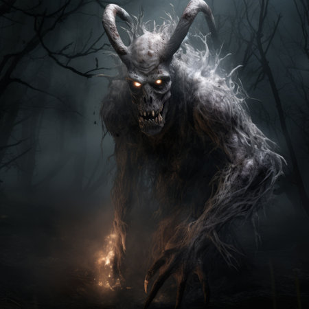 an evil demon, depicted in a realistic and hyper-detailed style, stands menacingly in the dark forest. the demon is made of mist and appears burned and charred. this eerie artwork draws inspiration from renowned artists such as rudolph belarski, jean-baptiste monge, and andreas rocha, who are known for their depictions of characterized animals. ai generatedの素材