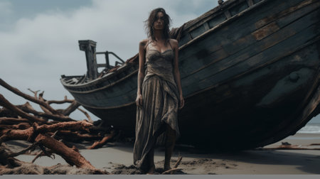 a haunting image of a wailing banshee, rising from a dilapidated shipwreck on a deserted shoreline, as powerful waves crash behind. this captivating photo captures the eerie beauty of the banshee, and is available in 600px resolution on unsplash. ai generatedの素材