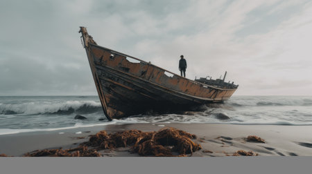 a damaged old ship rests on the shore, showcasing raw and emotional imagery. this epic portraiture captures odd juxtapositions and moody color schemes. the nature-inspired installations and minimalist imagery add depth to the gothic references in this captivating photo. ai generatedの素材
