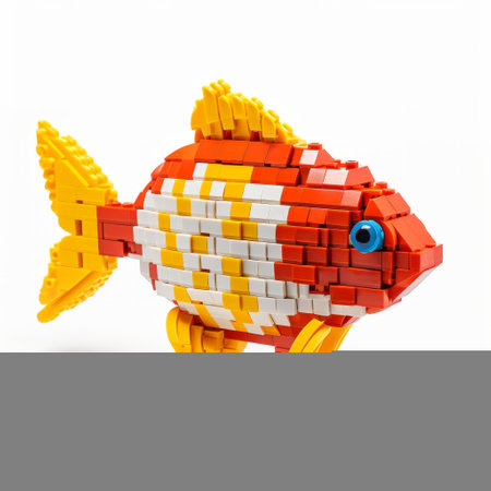 a lego fish with red and yellow eyes stands on a surface, showcasing a photorealistic composition. the fish is designed in a precisionist style, featuring light orange and white colors. the photograph is captured using kodak colorplus film, and the overall aesthetic is influenced by the mori kei fashion trend. the fish is positioned isometrically, adding an interesting visual element. this composition draws inspiration fromの素材