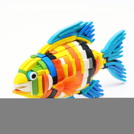 a lego fish, created using colored blocks, showcases a realistic rendering style with fisheye effects, bold lines, and bright colors. this characterized animal, with its magewave design, exhibits a multilayered approach and a meticulous attention to detail. ai generatedの素材