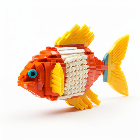 a red lego fish is showcased on a white background, featuring vray tracing for a realistic effect. the composition is mosaic-like, with light yellow and light orange hues. the design incorporates bold structural elements and multiple patterns, reminiscent of the kan school style. the photo is captured using kodak colorplus film. ai generatedの素材