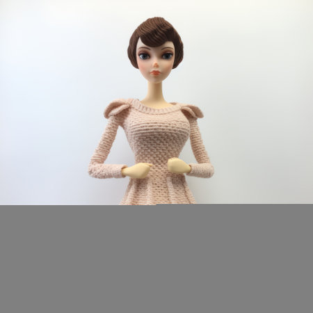 a dolly wearing a pink dress and tie, showcasing intricate layering and a light beige color. the doll features highly textured, elongated forms with delicate detailing. the dress is beautifully crafted with knitted and crocheted techniques, resulting in a multi-layered design. ai generatedの素材