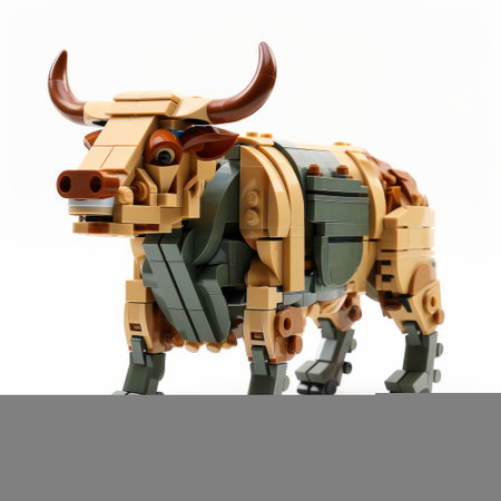 a small lego bull, constructed with brown and beige bricks, showcases hyper-realistic details and mechanized precision. the color scheme includes light yellow and emerald, adding a futuristic touch to its mechanical design. this lego creation, captured with a fujifilm natura 1600 camera by monia merlo, exemplifies the intricate craftsmanship and attention to detail that lego enthusiasts appreciate. ai generatedの素材