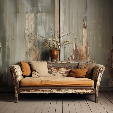 an old couch, restored and repurposed, sits against a wall in a room. the room is decorated in a 20th-century scandinavian style, with earthy palette and distressed materials. the loose paint application adds a poetic elegance to the space, creating a romantic atmosphere. ai generatedの素材