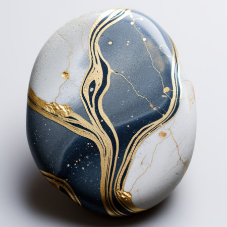 white and gold marble on a grey background, featuring dark blue and black, japanese-inspired imagery. the rounded forms and meticulous design create a richly layered composition. the image showcases focus stacking techniques, resulting in a visually striking combination of dark cyan and gold tones. ai generatedの素材