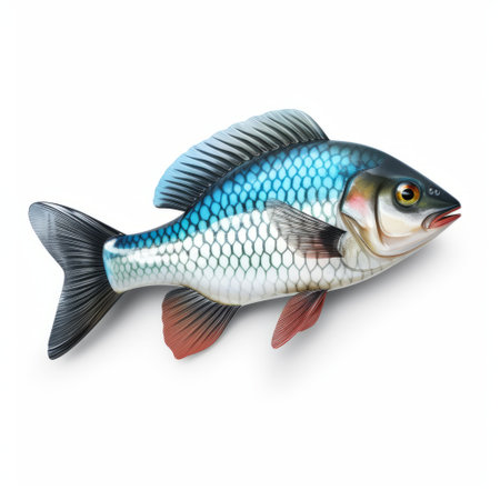 a blue and white fish with a blue fin swims gracefully in a white background. this hyperrealistic illustration showcases the intricate details of the fish, with its light red and dark emerald colors. the artwork captures the essence of wildlife muralism, with photorealistic accuracy. the fish's bombacore pattern adds a touch of dark silver and pink, creating a captivating isometric composition. ai generatedの素材