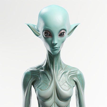 an alien creature with a streamlined design is depicted in this photo. the creature's head and neck are tightly shown, featuring a combination of light gray and light emerald colors. the image showcases photorealistic fantasies, reminiscent of the artwork by david nordahl. the low depth of field highlights the creature's shiny eyes, while the meticulous linework precision adds to the overall detail of the image.の素材
