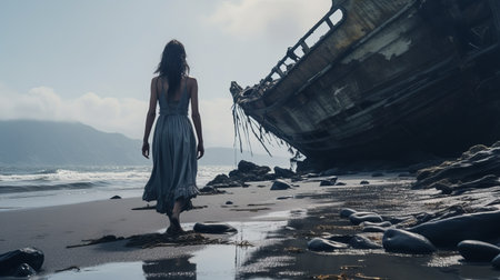 a woman with her eyes closed walks by the wreck of a boat in the ocean. the photo captures a horror-inspired, dramatic, and somber religious atmosphere. the unpolished authenticity of the scene gives it a movie still-like quality. the dark silver and azure tones add to the romantic drama, creating a delicate and haunting ambiance. ai generatedの素材