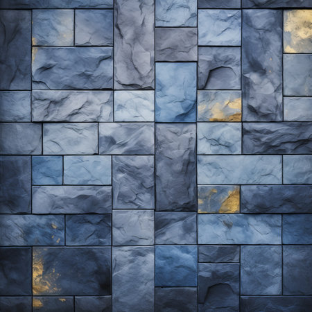 blue and gold stone brick wall background image with cubist elements. the dark gray and navy puzzle-like elements create a captivating visual. skillful lighting enhances the blueprint-like effect. this uhd image showcases a stunning combination of dark gray and aquamarine tones. ai generatedの素材