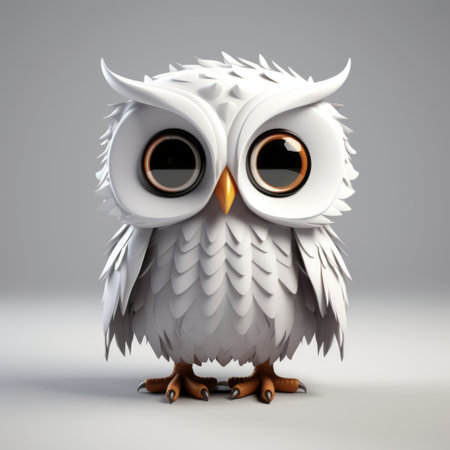 an animated white owl with shiny eyes is depicted against a grey sky background. the owl has toy-like proportions and a crisp, clean look. the hard surface modeling showcases inventive character designs. this creative commons attribution image features a combination of white and brown colors. ai generatedの素材